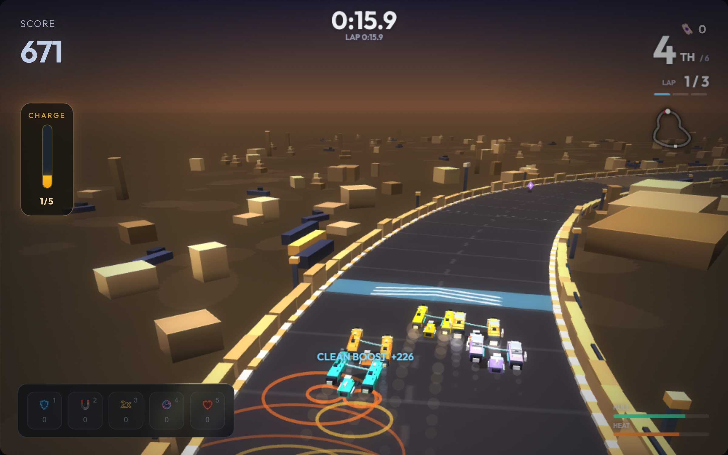 Four Star Racer pods side by side over a boost pad on the Dune Basin circuit, the player running second